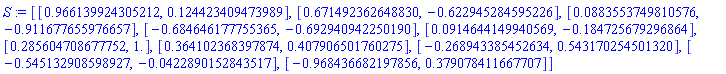 S := [[.966139924305212, .124423409473989], [.671492362648830, -.622945284595226], [0.883553749810576e-1, -.911677655976657], [-.684646177755365, -.692940942250190], [0.914644149940569e-1, -.184725679296864], [.285604708677752, 1.], [.364102368397874, .407906501760275], [-.268943385452634, .543170254501320], [-.545132908598927, -0.422890152843517e-1], [-.968436682197856, .379078411667707]]