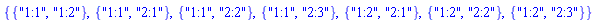 {{"1:1", "1:2"}, {"1:1", "2:1"}, {"1:1", "2:2"}, {"1:1", "2:3"}, {"1:2", "2:1"}, {"1:2", "2:2"}, {"1:2", "2:3"}}