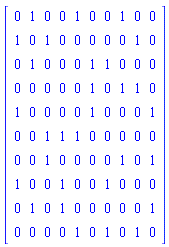 Matrix([[0, 1, 0, 0, 1, 0, 0, 1, 0, 0], [1, 0, 1, 0, 0, 0, 0, 0, 1, 0], [0, 1, 0, 0, 0, 1, 1, 0, 0, 0], [0, 0, 0, 0, 0, 1, 0, 1, 1, 0], [1, 0, 0, 0, 0, 1, 0, 0, 0, 1], [0, 0, 1, 1, 1, 0, 0, 0, 0, 0], [0, 0, 1, 0, 0, 0, 0, 1, 0, 1], [1, 0, 0, 1, 0, 0, 1, 0, 0, 0], [0, 1, 0, 1, 0, 0, 0, 0, 0, 1], [0, 0, 0, 0, 1, 0, 1, 0, 1, 0]])