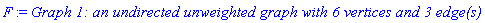 F := `Graph 1: an undirected unweighted graph with 6 vertices and 3 edge(s)`