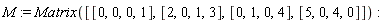 M := Matrix([[0, 0, 0, 1], [2, 0, 1, 3], [0, 1, 0, 4], [5, 0, 4, 0]])