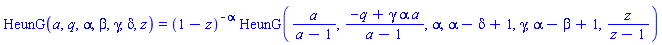 HeunG(a, q, alpha, beta, gamma, delta, z) = (1-z)^(-alpha)*HeunG(a/(a-1), (-q+gamma*alpha*a)/(a-1), alpha, alpha-delta+1, gamma, alpha-beta+1, z/(z-1))