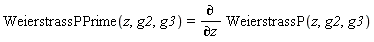 WeierstrassPPrime(z, g2, g3) = diff(WeierstrassP(z, g2, g3), z)
