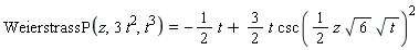 WeierstrassP(z, 3*t^2, t^3) = -(1/2)*t+(3/2)*t*csc((1/2)*z*sqrt(6)*sqrt(t))^2