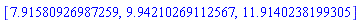 [7.91580926987259, 9.94210269112567, 11.9140238199305]