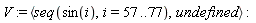 V := `<,>`(seq(sin(i), i = 57 .. 77), undefined)