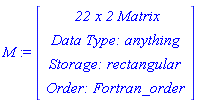 M := RTABLE(18446790986281756062, anything, Matrix, rectangular, Fortran_order, [], 2, 1 .. 22, 1 .. 2)