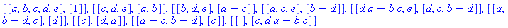 [[a, b, c, d, e], [1]], [[c, d, e], [a, b]], [[b, d, e], [a-c]], [[a, c, e], [b-d]], [[d*a-b*c, e], [d, c, b-d]], [[a, b-d, c], [d]], [[c], [d, a]], [[a-c, b-d], [c]], [[], [c, d*a-b*c]]