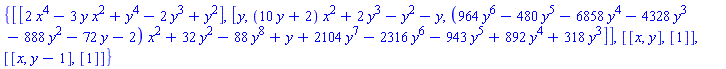 {[[2*x^4-3*y*x^2+y^4-2*y^3+y^2], [y, (10*y+2)*x^2+2*y^3-y^2-y, (964*y^6-480*y^5-6858*y^4-4328*y^3-888*y^2-72*y-2)*x^2+32*y^2-88*y^8+y+2104*y^7-2316*y^6-943*y^5+892*y^4+318*y^3]], [[x, y], [1]], [[x, y-1], [1]]}
