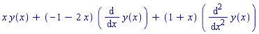 x*y(x)+(-1-2*x)*(diff(y(x), x))+(1+x)*(diff(y(x), `$`(x, 2)))