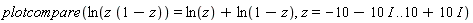 plotcompare(ln(z*(1-z)) = ln(z)+ln(1-z), z = -10-10*I .. 10+10*I)