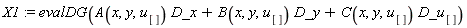 X1 := evalDG(A(x, y, u[])*D_x+B(x, y, u[])*D_y+C(x, y, u[])*D_u[])