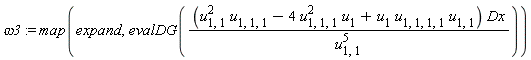omega3 := map(expand, evalDG((u[1, 1]^2*u[1, 1, 1]-4*u[1, 1, 1]^2*u[1]+u[1]*u[1, 1, 1, 1]*u[1, 1])*Dx/u[1, 1]^5))