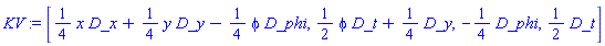 [_DG([["vector", M, []], [[[2], (1/4)*x], [[3], (1/4)*y], [[4], -(1/4)*phi]]]), _DG([["vector", M, []], [[[1], (1/2)*phi], [[3], 1/4]]]), _DG([["vector", M, []], [[[4], -1/4]]]), _DG([["vector", M, []], [[[1], 1/2]]])]
