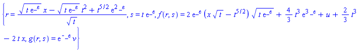 {r = ((t*exp(_epsilon))^(1/2)*x-(t*exp(_epsilon))^(1/2)*t^2+t^(5/2)*exp(2*_epsilon))/t^(1/2), s = t*exp(_epsilon), f(r, s) = 2*exp(_epsilon)*(x*t^(1/2)-t^(5/2))*(t*exp(_epsilon))^(1/2)+(4/3)*t^3*exp(3*_epsilon)+u+(2/3)*t^3-2*t*x, g(r, s) = exp(-_epsilon)*v}