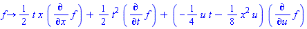 proc (f) options operator, arrow; (1/2)*t*x*(diff(f, x))+(1/2)*t^2*(diff(f, t))+(-(1/4)*u*t-(1/8)*x^2*u)*(diff(f, u)) end proc