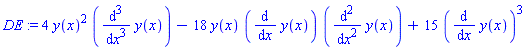 4*y(x)^2*(diff(diff(diff(y(x), x), x), x))-18*y(x)*(diff(y(x), x))*(diff(diff(y(x), x), x))+15*(diff(y(x), x))^3