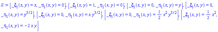 [_xi[1](x, y) = x, _eta[1](x, y) = 0], [_xi[1](x, y) = 1, _eta[1](x, y) = 0], [_xi[1](x, y) = 0, _eta[1](x, y) = y], [_xi[1](x, y) = 0, _eta[1](x, y) = y^(3/2)], [_xi[1](x, y) = 0, _eta[1](x, y) = x*y^(3/2)], [_xi[1](x, y) = 0, _eta[1](x, y) = (1/2)*x^2*y^(3/2)], [_xi[1](x, y) = (1/2)*x^2, _eta[1](x, y) = -2*x*y]