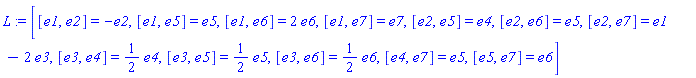 _DG([["LieAlgebra", K7_8, [7]], [[[1, 2, 2], -1], [[1, 5, 5], 1], [[1, 6, 6], 2], [[1, 7, 7], 1], [[2, 5, 4], 1], [[2, 6, 5], 1], [[2, 7, 1], 1], [[2, 7, 3], -2], [[3, 4, 4], 1/2], [[3, 5, 5], 1/2], [[3, 6, 6], 1/2], [[4, 7, 5], 1], [[5, 7, 6], 1]]])
