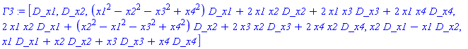 Gamma3 := [D_x1, D_x2, (x1^2-x2^2-x3^2+x4^2)*D_x1+2*x1*x2*D_x2+2*x1*x3*D_x3+2*x1*x4*D_x4, 2*x1*x2*D_x1+(x2^2-x1^2-x3^2+x4^2)*D_x2+2*x3*x2*D_x3+2*x4*x2*D_x4, x2*D_x1-x1*D_x2, x1*D_x1+x2*D_x2+x3*D_x3+x4*D_x4]