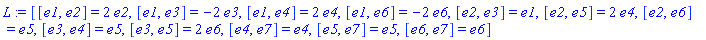 L := [[e1, e2] = 2*e2, [e1, e3] = -2*e3, [e1, e4] = 2*e4, [e1, e6] = -2*e6, [e2, e3] = e1, [e2, e5] = 2*e4, [e2, e6] = e5, [e3, e4] = e5, [e3, e5] = 2*e6, [e4, e7] = e4, [e5, e7] = e5, [e6, e7] = e6]