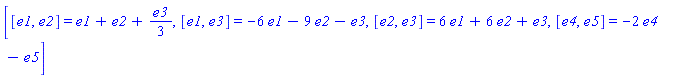 [[e1, e2] = e1+e2+e3/3, [e1, e3] = -6*e1-9*e2-e3, [e2, e3] = 6*e1+6*e2+e3, [e4, e5] = -2*e4-e5]