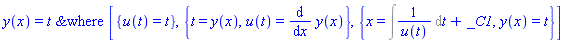y(x) = `&where`(t, [{u(t) = t}, {t = y(x), u(t) = diff(y(x), x)}, {x = Int(1/u(t), t)+_C1, y(x) = t}])