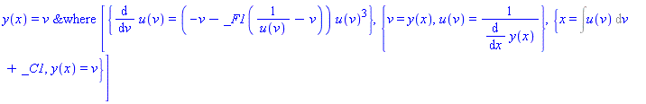 y(x) = `&where`(v, [{diff(u(v), v) = (-v-_F1(1/u(v)-v))*u(v)^3}, {v = y(x), u(v) = 1/(diff(y(x), x))}, {x = Int(u(v), v)+_C1, y(x) = v}])