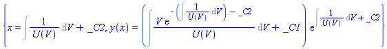 {x = Int(1/U(V), V)+_C2, y(x) = (Int(V*exp(-(Int(1/U(V), V))-_C2)/U(V), V)+_C1)*exp(Int(1/U(V), V)+_C2)}
