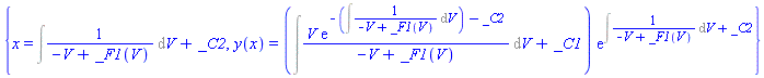 {x = Int(1/(-V+_F1(V)), V)+_C2, y(x) = (Int(V*exp(-(Int(1/(-V+_F1(V)), V))-_C2)/(-V+_F1(V)), V)+_C1)*exp(Int(1/(-V+_F1(V)), V)+_C2)}