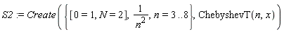 S2 := Create({1/n^2, n = 3 .. 8, [0 = 1, N = 2]}, ChebyshevT(n, x))