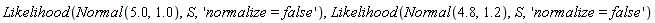 Likelihood(Normal(5.0, 1.0), S, 'normalize = false'), Likelihood(Normal(4.8, 1.2), S, 'normalize = false')