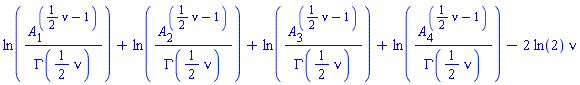 ln(A[1]^((1/2)*nu-1)/GAMMA((1/2)*nu))+ln(A[2]^((1/2)*nu-1)/GAMMA((1/2)*nu))+ln(A[3]^((1/2)*nu-1)/GAMMA((1/2)*nu))+ln(A[4]^((1/2)*nu-1)/GAMMA((1/2)*nu))-2*ln(2)*nu