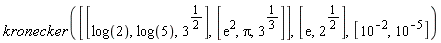 kronecker([[log(2), log(5), 3^(1/2)], [exp(2), Pi, 3^(1/3)]], [exp(1), 2^(1/2)], [10^(-2), 10^(-5)])