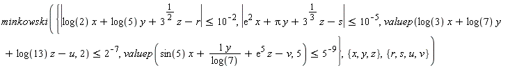 minkowski({abs(exp(2)*x+Pi*y+3^(1/3)*z-s) <= 10^(-5), abs(log(2)*x+log(5)*y+3^(1/2)*z-r) <= 10^(-2), valuep(log(3)*x+log(7)*y+log(13)*z-u, 2) <= 2^(-7), valuep(sin(5)*x+y/log(7)+exp(5)*z-v, 5) <= 5^(-9)}, {x, y, z}, {r, s, u, v})