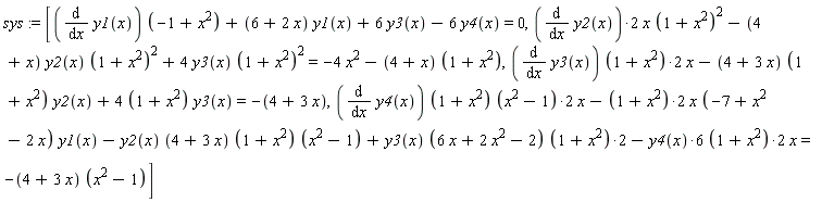 sys := [(diff(y1(x), x))*(-1+x^2)+(6+2*x)*y1(x)+6*y3(x)-6*y4(x) = 0, 2*(diff(y2(x), x))*x*(1+x^2)^2-(4+x)*y2(x)*(1+x^2)^2+4*y3(x)*(1+x^2)^2 = -4*x^2-(4+x)*(1+x^2), 2*(diff(y3(x), x))*(1+x^2)*x-(4+3*x)*(1+x^2)*y2(x)+(4*(1+x^2))*y3(x) = -4-3*x, 2*(diff(y4(x), x))*(1+x^2)*(-1+x^2)*x-((1+x^2)*2)*x*(-7+x^2-2*x)*y1(x)-y2(x)*(4+3*x)*(1+x^2)*(-1+x^2)+2*y3(x)*(6*x+2*x^2-2)*(1+x^2)-(6*y4(x)*(1+x^2)*2)*x = -(4+3*x)*(-1+x^2)]