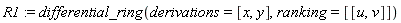 R1 := differential_ring(derivations = [x, y], ranking = [[u, v]])