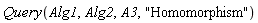 Query(Alg1, Alg2, A3, "Homomorphism")