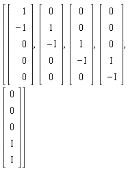 [Vector(5, {(1) = 1, (2) = -1, (3) = 0, (4) = 0, (5) = 0}), Vector(5, {(1) = 0, (2) = 1, (3) = -I, (4) = 0, (5) = 0}), Vector(5, {(1) = 0, (2) = 0, (3) = I, (4) = -I, (5) = 0}), Vector(5, {(1) = 0, (2) = 0, (3) = 0, (4) = I, (5) = -I}), Vector(5, {(1) = 0, (2) = 0, (3) = 0, (4) = I, (5) = I})]