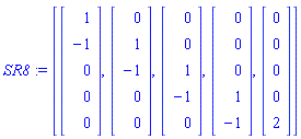 SR8 := [Vector(5, {(1) = 1, (2) = -1, (3) = 0, (4) = 0, (5) = 0}), Vector(5, {(1) = 0, (2) = 1, (3) = -1, (4) = 0, (5) = 0}), Vector(5, {(1) = 0, (2) = 0, (3) = 1, (4) = -1, (5) = 0}), Vector(5, {(1) = 0, (2) = 0, (3) = 0, (4) = 1, (5) = -1}), Vector(5, {(1) = 0, (2) = 0, (3) = 0, (4) = 0, (5) = 2})]