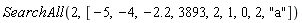 SearchAll(2, [-5, -4, -2.2, 3893, 2, 1, 0, 2, "a"])