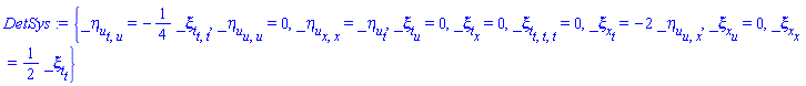 {diff(diff(diff(_xi[t](x, t, u), t), t), t) = 0, diff(diff(_eta[u](x, t, u), t), u) = -(1/4)*(diff(diff(_xi[t](x, t, u), t), t)), diff(diff(_eta[u](x, t, u), u), u) = 0, diff(diff(_eta[u](x, t, u), x), x) = diff(_eta[u](x, t, u), t), diff(_xi[t](x, t, u), u) = 0, diff(_xi[t](x, t, u), x) = 0, diff(_xi[x](x, t, u), t) = -2*(diff(diff(_eta[u](x, t, u), u), x)), diff(_xi[x](x, t, u), u) = 0, diff(_xi[x](x, t, u), x) = (1/2)*(diff(_xi[t](x, t, u), t))}