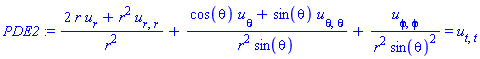 (2*r*(diff(u(r, phi, theta, t), r))+r^2*(diff(diff(u(r, phi, theta, t), r), r)))/r^2+(cos(theta)*(diff(u(r, phi, theta, t), theta))+sin(theta)*(diff(diff(u(r, phi, theta, t), theta), theta)))/(r^2*sin(theta))+(diff(diff(u(r, phi, theta, t), phi), phi))/(r^2*sin(theta)^2) = diff(diff(u(r, phi, theta, t), t), t)