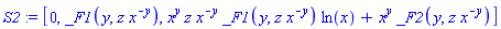 [0, _F1(y, z*x^(-y)), x^y*z*x^(-y)*_F1(y, z*x^(-y))*ln(x)+x^y*_F2(y, z*x^(-y))]