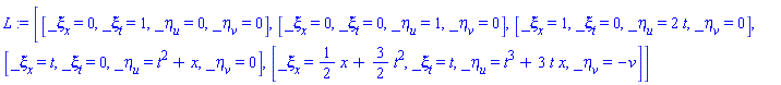 [[_xi[x] = 0, _xi[t] = 1, _eta[u] = 0, _eta[v] = 0], [_xi[x] = 0, _xi[t] = 0, _eta[u] = 1, _eta[v] = 0], [_xi[x] = 1, _xi[t] = 0, _eta[u] = 2*t, _eta[v] = 0], [_xi[x] = t, _xi[t] = 0, _eta[u] = t^2+x, _eta[v] = 0], [_xi[x] = (1/2)*x+(3/2)*t^2, _xi[t] = t, _eta[u] = t^3+3*t*x, _eta[v] = -v]]