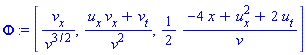 [v[x]/v^(3/2), (u[x]*v[x]+v[t])/v^2, (1/2)*(-4*x+u[x]^2+2*u[t])/v]