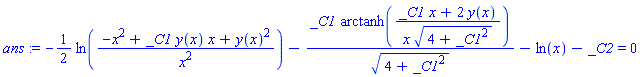 ans := -(1/2)*ln((-x^2+_C1*y(x)*x+y(x)^2)/x^2)-_C1*arctanh((_C1*x+2*y(x))/(x*(4+_C1^2)^(1/2)))/(4+_C1^2)^(1/2)-ln(x)-_C2 = 0