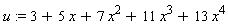 u := 3+5*x+7*x^2+11*x^3+13*x^4