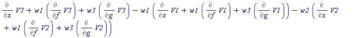 Diff(V3, x)+w1*(Diff(V3, f))+w3*(Diff(V3, g))-w1*(Diff(V1, x)+w1*(Diff(V1, f))+w3*(Diff(V1, g)))-w2*(Diff(V2, x)+w1*(Diff(V2, f))+w3*(Diff(V2, g)))