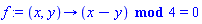 f := proc (x, y) options operator, arrow; `mod`(x-y, 4) = 0 end proc